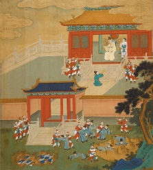 An eighteenth-century painting showing Emperor Qin Shi Huang of the Qin dynasty ‘burning all the books and throwing scholars into a ravine’ in order to stamp out ideological nonconformity after the unification of China in 221 BCE. ‘For over two millennia,’ Ian Johnson writes, ‘all our knowledge of China’s great philosophical schools was limited to texts revised after the Qin unification.’ Now a trove of recently discovered ancient documents, written on strips of bamboo, ‘is helping to reshape our understanding of China’s contentious past.’ Illustration from Henri Bertin’s album The History of the Lives of the Chinese Emperors.
